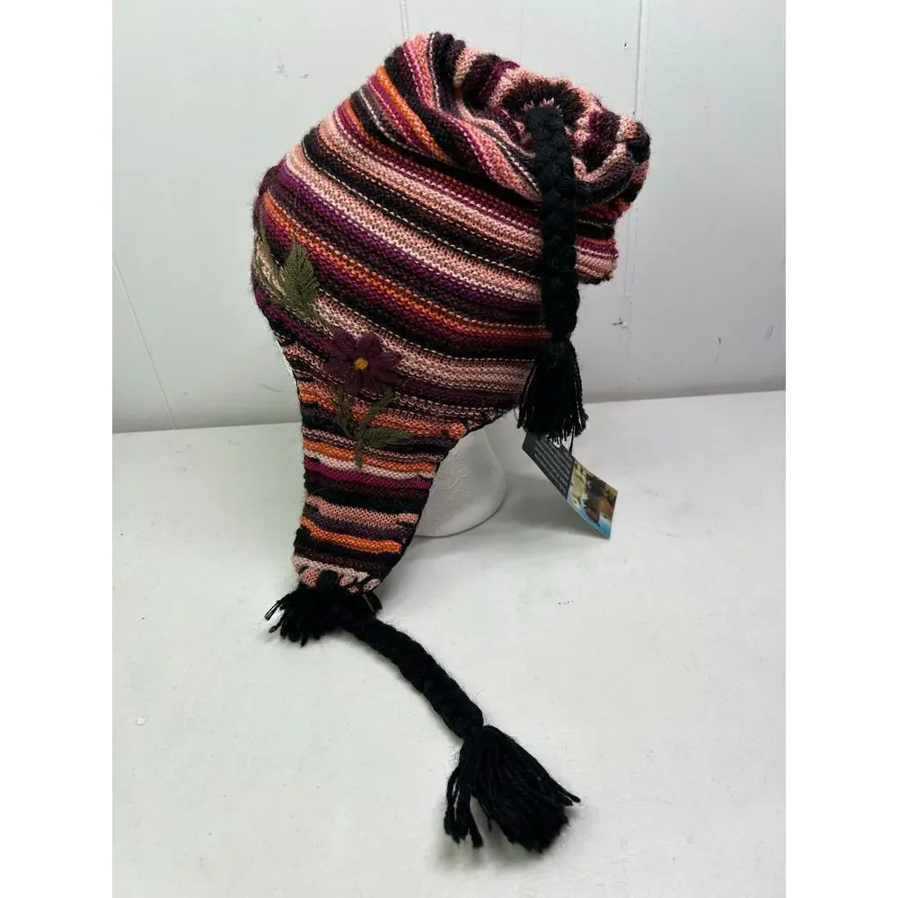 Manalpaca Unisex Peruvian Baby Alpaca Boho Hat Chullo with Earflaps NWT